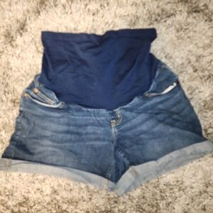 Indigo Blue Jean Shorts with Stretch Waistband and Cuffed Hem